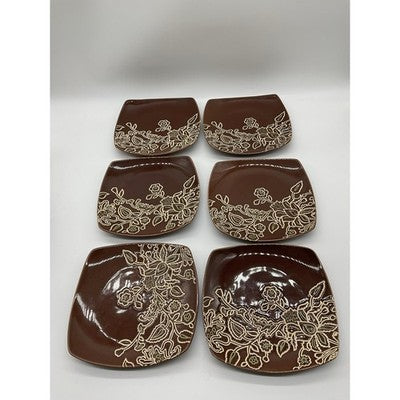 Jaclyn Smith Square 7" Plates Set of 6  Brown Floral Stoneware Salad Dessert