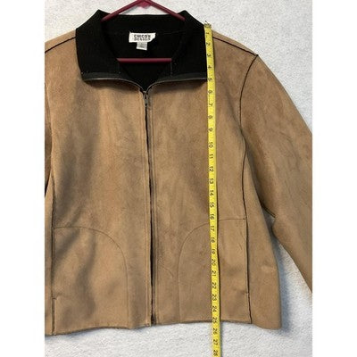 Chico's Design Jacket Womens Large 2 Tan Faux Suede Zip Black Collar Pockets