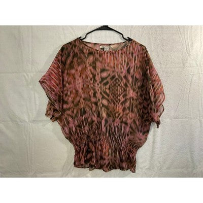 American Rag Blouse Womens Large Pink Brown Abstract Smocked Waist Chiffon Top