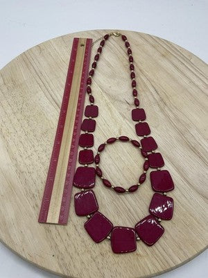 Red Beaded Necklace Bracelet Set Womens Gold Tone Plastic Square Beads Jewelry