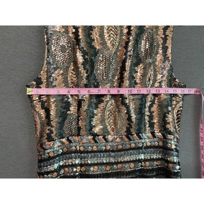 Sequin Black Gold Tribal Sm/Med Party NWOT Midi Dress Side Zip Sleeveless