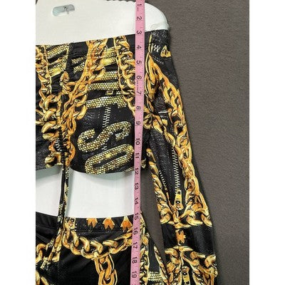 Women’s Off Shoulder Crop Top & Short Set L Black Gold Chain Link Graphic Print