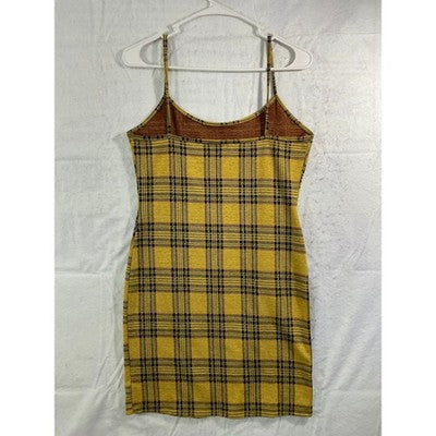 Popular 21 Plaid Mini Dress Womens L Yellow Black Bodycon 90s Style ST8008-CT