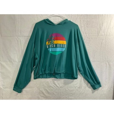 UK2LA Beach Vibes Hoodie Womens Large Teal Graphic Drawstring Hem Sweatshirt