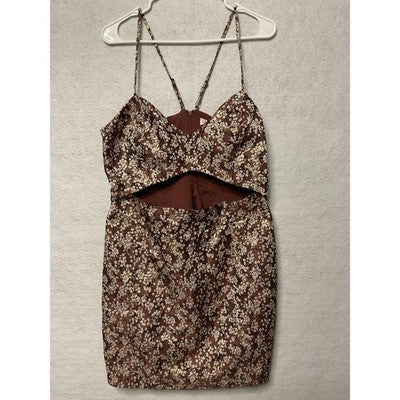 Leyden Dress Womens XL Brown Blossom Jacquard Floral Metallic Mini Cutout New