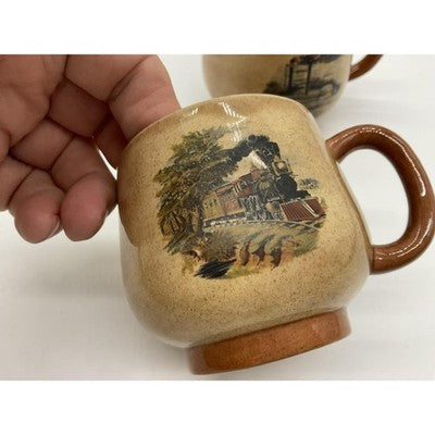 Stoneware Coffee Mugs Set Of 2 Beige Train Steamboat Graphic Unmarked VTG