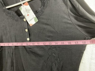 KOMEIANA T-Shirt Womens L Black Henley Long Sleeve Lace Trim Stretch Jersey