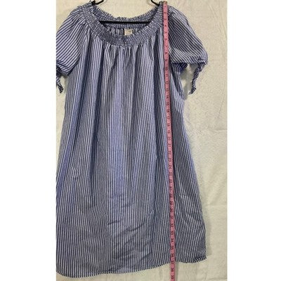 Terra & Sky Shift Dress Women 0X Blue Striped Cotton Smocked Neck Tie Sleeve