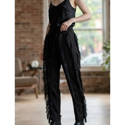 Fringe Joggers Women XL Black Tassel Streetwear Statement Pants