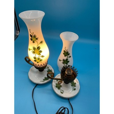 Pair Vintage Hand-Painted Glass Lamps 14" Shamrock Clover TESTED WORKS