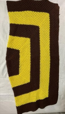 Handmade Knit Afghan Throw Blanket 60 In Brown Yellow Geometric Vintage Retro