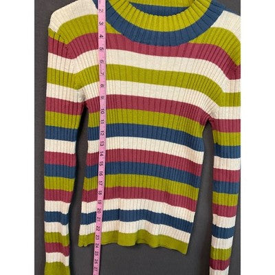 Poof Apparel Small Ribbed Stripe Sweater Green Pink Blue Cream Stretch Knit
