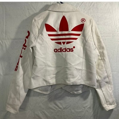 Adidas Moto Jacket Women Large White Red Faux Leather Trefoil Logo Biker Street