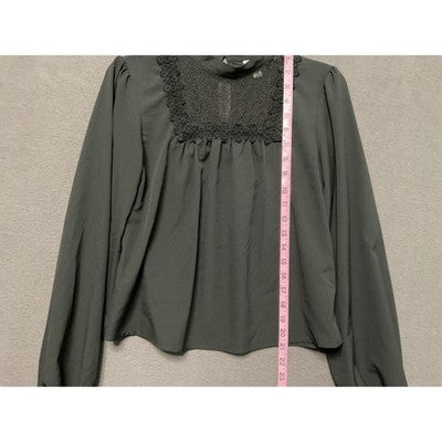 A.N.A Black Lace Front Blouse Long Sleeve Keyhole Back Polyester Womens XS