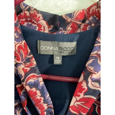 Donna Ricco Floral Tie Neck Dress Womens 14 Navy Red Chiffon Long Sleeve Pockets