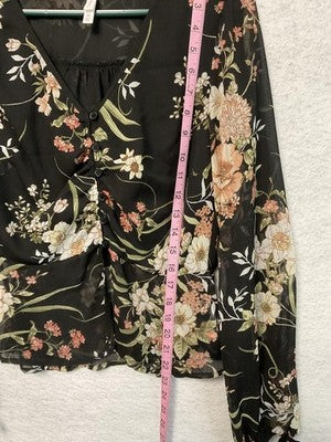 Xhilaration Blouse Womens XS Black Floral Long Sleeve Sheer Button Front