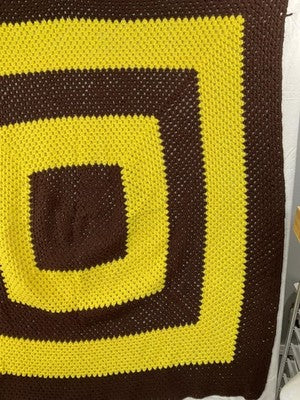 Handmade Knit Afghan Throw Blanket 60 In Brown Yellow Geometric Vintage Retro
