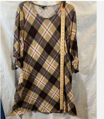 Robert Louis Dress Womens Large Tan Plaid 3/4 Sleeve Knit Shift Fall Casual