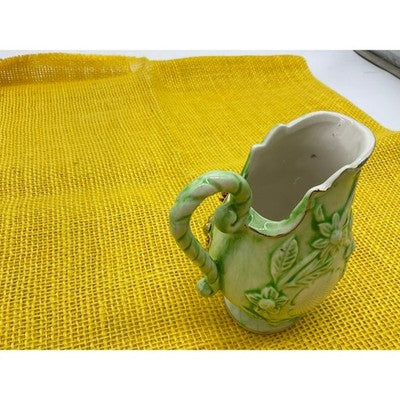Creamer Pitcher Unisex 4" Green Floral 3D Applied Gold Trim Bud Vase Retro