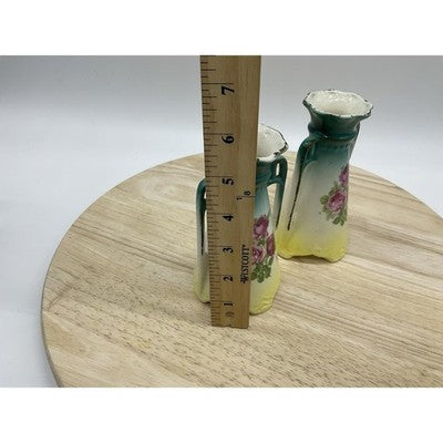 Vintage Art Nouveau Porcelain Vases Pair Handled Floral Roses Germany 8 Inch