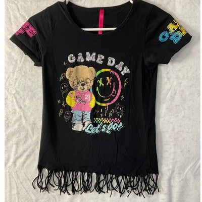 Game Day T-Shirt Girls 14/16 Black Sequin Fringe Bear Graphic Tee