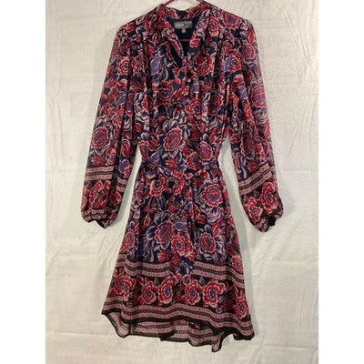 Donna Ricco Floral Tie Neck Dress Womens 14 Navy Red Chiffon Long Sleeve Pockets
