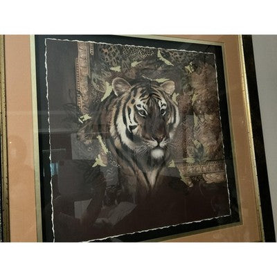 Home Interiors Tiger Portrait Framed Art Print Matted 37x36 USA VTG Animal Print