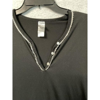Ruffle Trim Henley Shirt Womens Small Black V Neck Stretch Short Sleeve Buttons