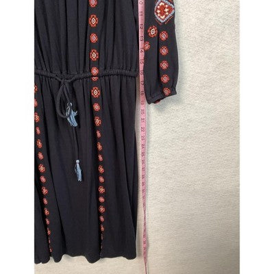 LOFT Dress Womens Medium Navy Off Shoulder Embroidered Boho Tassel Peasant