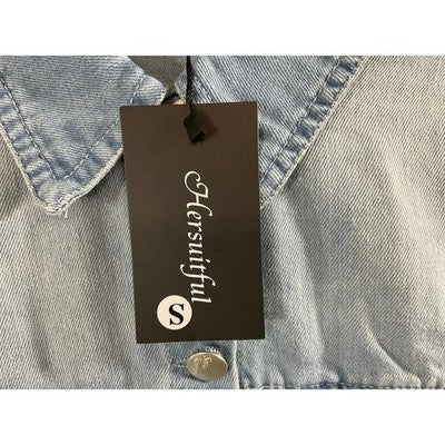 Hersuitful Denim Jacket Women Small Light Blue Raw Hem Pleated Shacket NWT