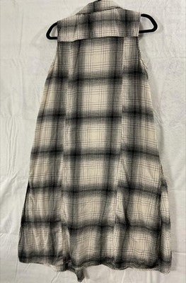 Cato Vest Womens Large White Black Plaid Long Open Front Kimono Sleeveless