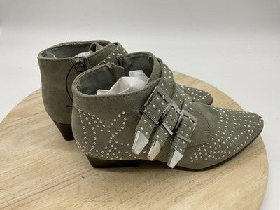 Qupid Ankle Boots Womens Size 5.5 Green Faux Suede Studded Buckle Heel
