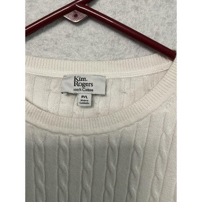 Kim Rogers Sweater Womens Petite Large White Cable Knit Cotton Crewneck Pullover