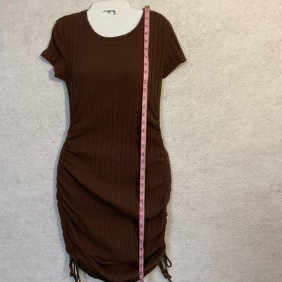 SheIn Dress Womens Large Brown Ruched Ribbed T Shirt Bodycon Knit Knee Length