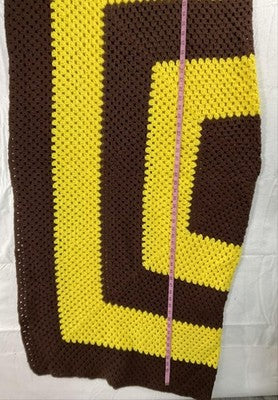 Handmade Knit Afghan Throw Blanket 60 In Brown Yellow Geometric Vintage Retro
