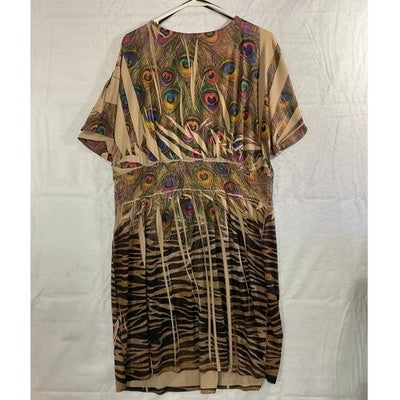 VTG Caren Sport Women Dress Tunic 2X Brown Peacock Feather Animal Print V-Neck