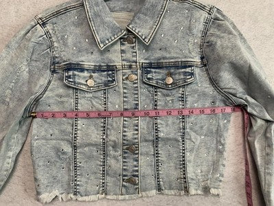 PAOLA RIBONI Jacket Womens Large Blue Rhinestone Distressed Cropped Denim Y2k