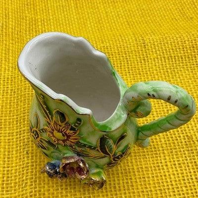 Creamer Pitcher Unisex 4" Green Floral 3D Applied Gold Trim Bud Vase Retro