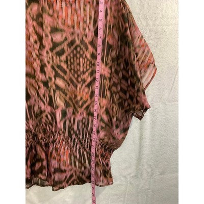 American Rag Blouse Womens Large Pink Brown Abstract Smocked Waist Chiffon Top