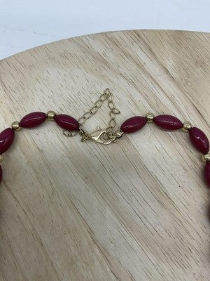 Red Beaded Necklace Bracelet Set Womens Gold Tone Plastic Square Beads Jewelry