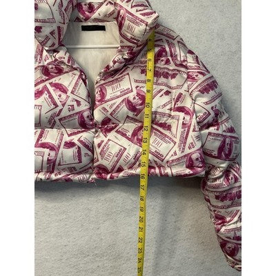 Money Print Open Puffer Jacket Women SM White Pink Cropped Bubble Coat Allover