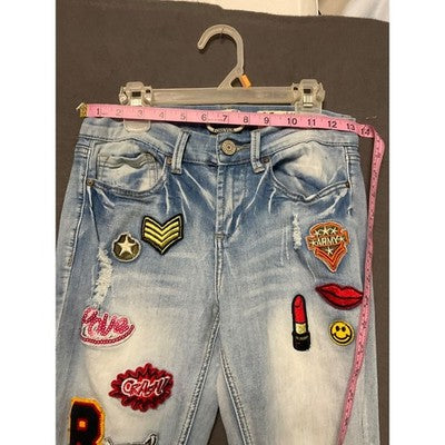 Indigo Rein Forever Jeans Size 5 Light Wash Skinny Ankle Patch Distressed Fun