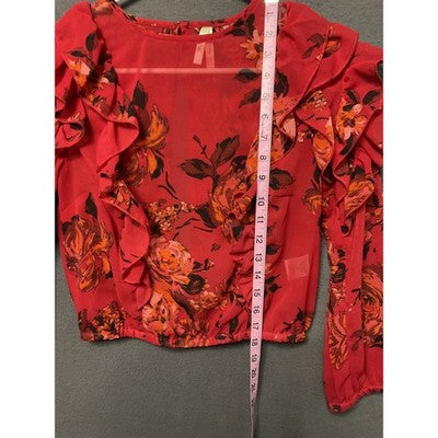 Truth NYC Blouse Womens Small Red Floral Ruffle Long Sleeve Sheer Top Boho Chic