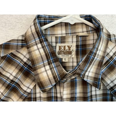 Ely Cattleman Western Shirt Mens Large Brown Plaid Pearl Snap Cowboy Rodeo
