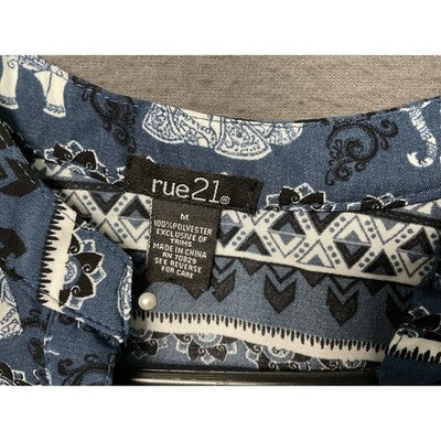 Rue 21 Dress Medium Elephant Print Roll Tab Sleeves Elastic Waist Safari