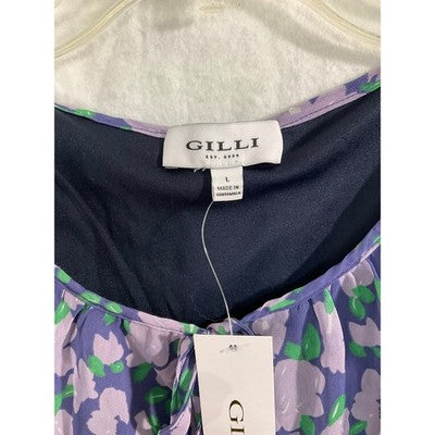 Gilli Floral Sleeveless Dress Womens L Purple Green Elastic Waist Keyhole D18751