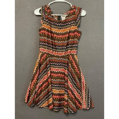 Pinky Tribal Chevron Fit Flare Dress M Zip Back Sleeveless Colorful Boho Causal