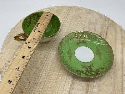 Royal Sealy China Green Luster Tea Cup Saucer Gold Scrollwork Rococo VTG Rare