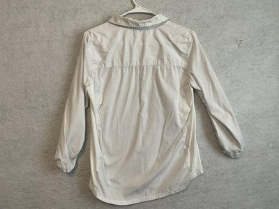 Cathy Blouse Womens Small White Zip Front Roll Tab Sleeve Collared Top