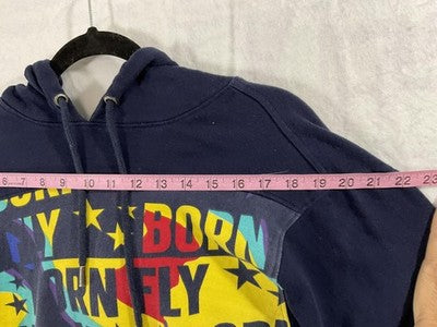 Born Fly Hoodie Mens Small Blue Pullover Graphic Logo Fleece Kangaroo Pocket